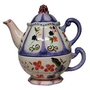 Vintage Floral Tea For One Set Ceramic Teapot Cup Combo Purple White HandPainted